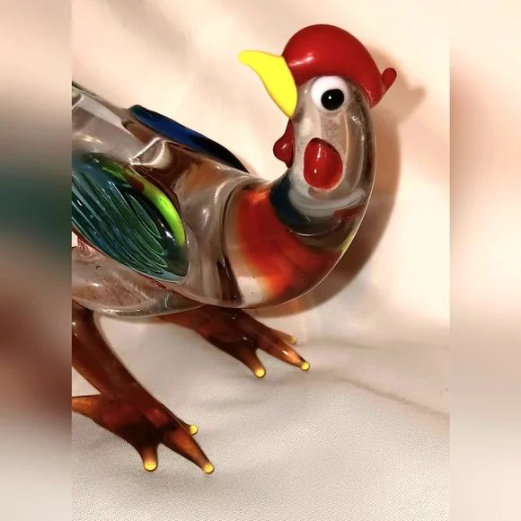 Set Of 2 Handblown Glass Bird Chicken Figure Multi Color Rooster Exotic Bird - Picture 6 of 12